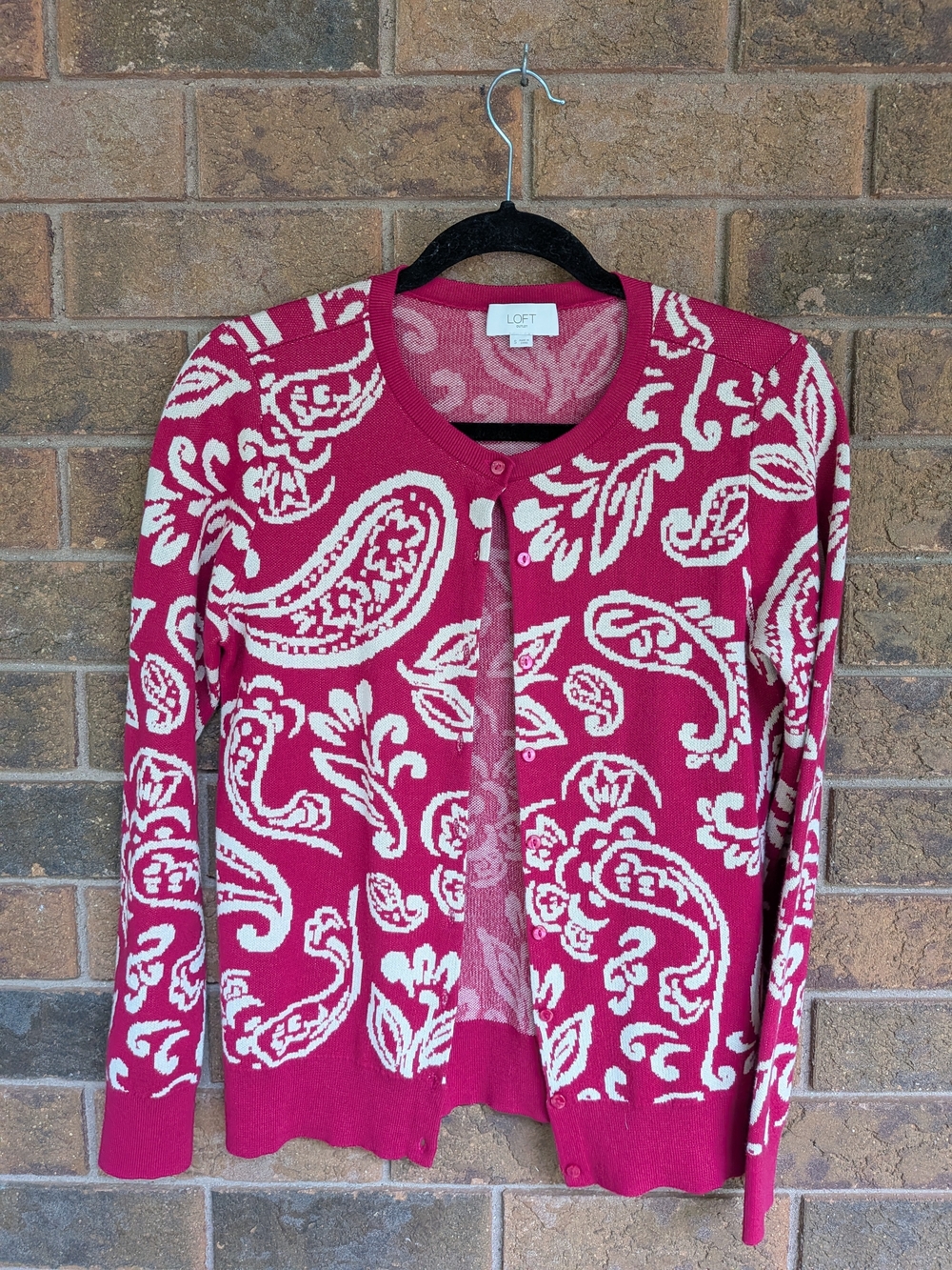 LOFT Pink Paisley-Print Button Cardigan Sweater